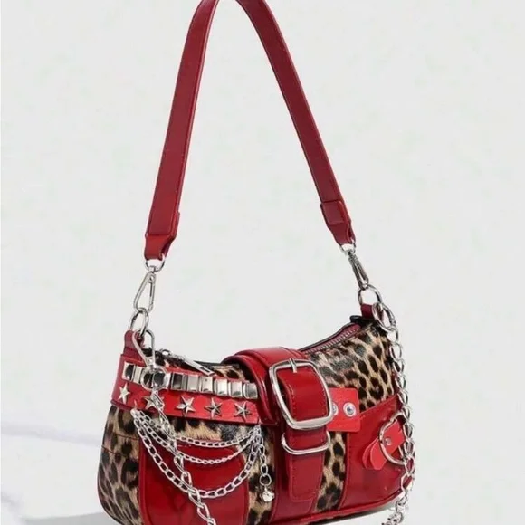 Red Leopard-Accent Shoulder Bag with Buckle & Charm - Picture 3 of 5